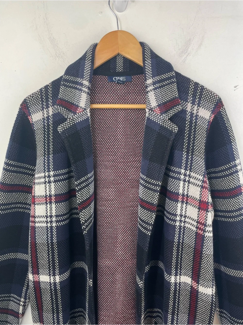 Chaps Plaid Open Front Cardigan Coat – Navy Burgundy & Cream size Large